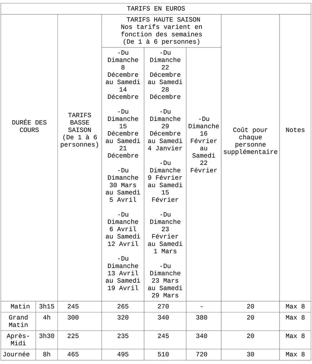 Tarifs et durée des cours de ski 2024-2025
